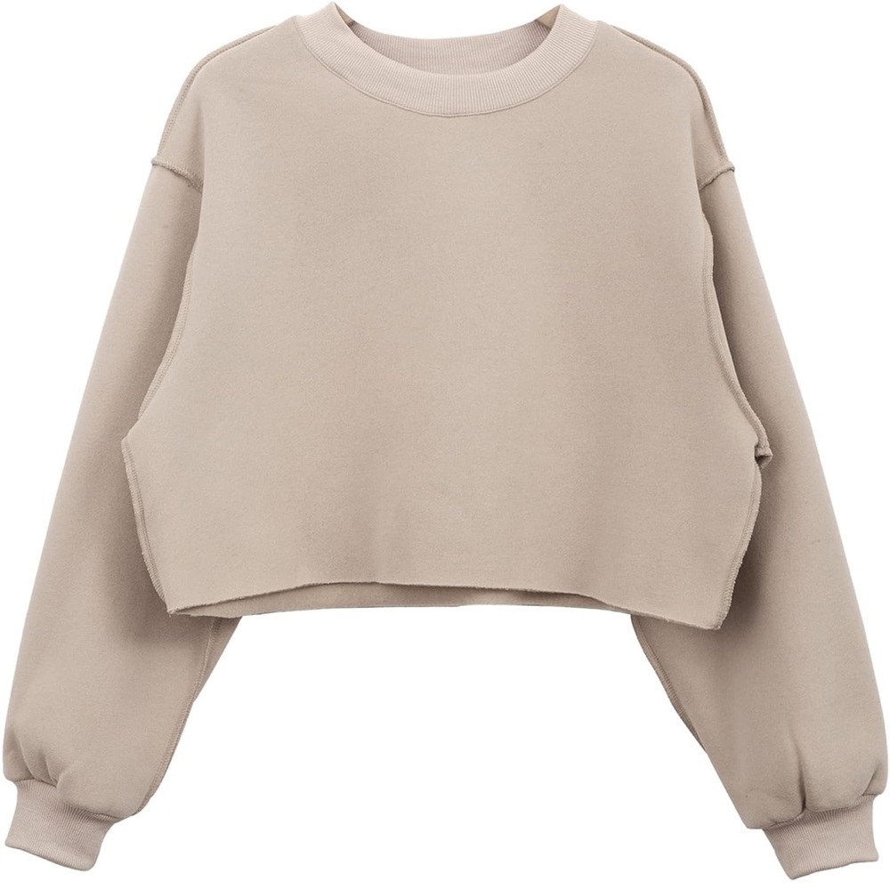 Women’s Casual Beige Exposed Seam Cropped Sweatshirt Pullover Fleece Size M